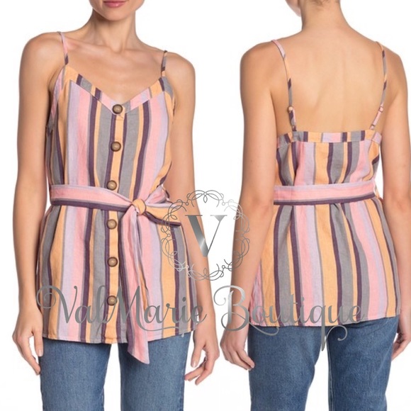 Multi striped linen button down cami tank - Picture 4 of 5